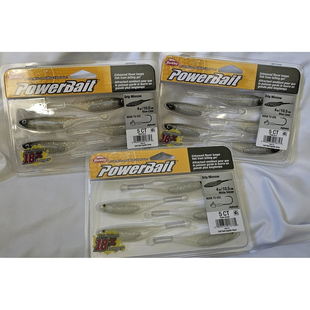 New Lot Of 3 Berkley Powerbaits 4in Drip Minnow White Shinner & Blue Liner
